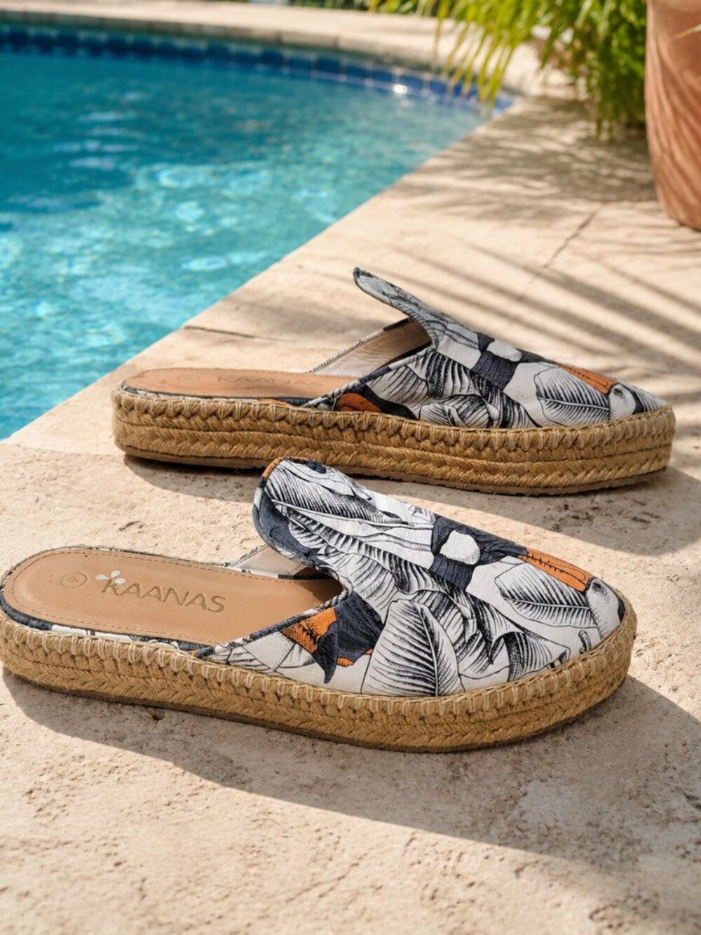 KAANAS Tropical Toucan Espadrille Mule Slides Resort Coastal Boho Chic